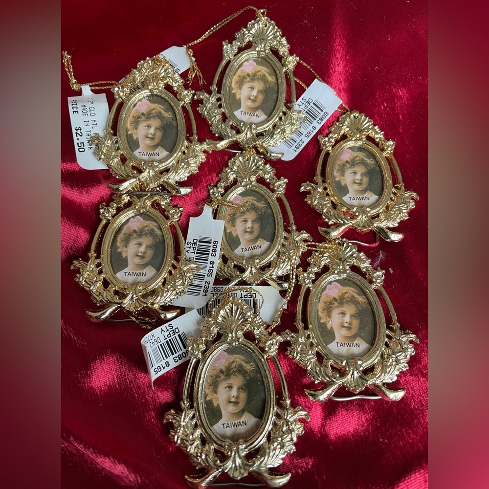 Holiday gold miniature frame ornaments. Set of 7.
